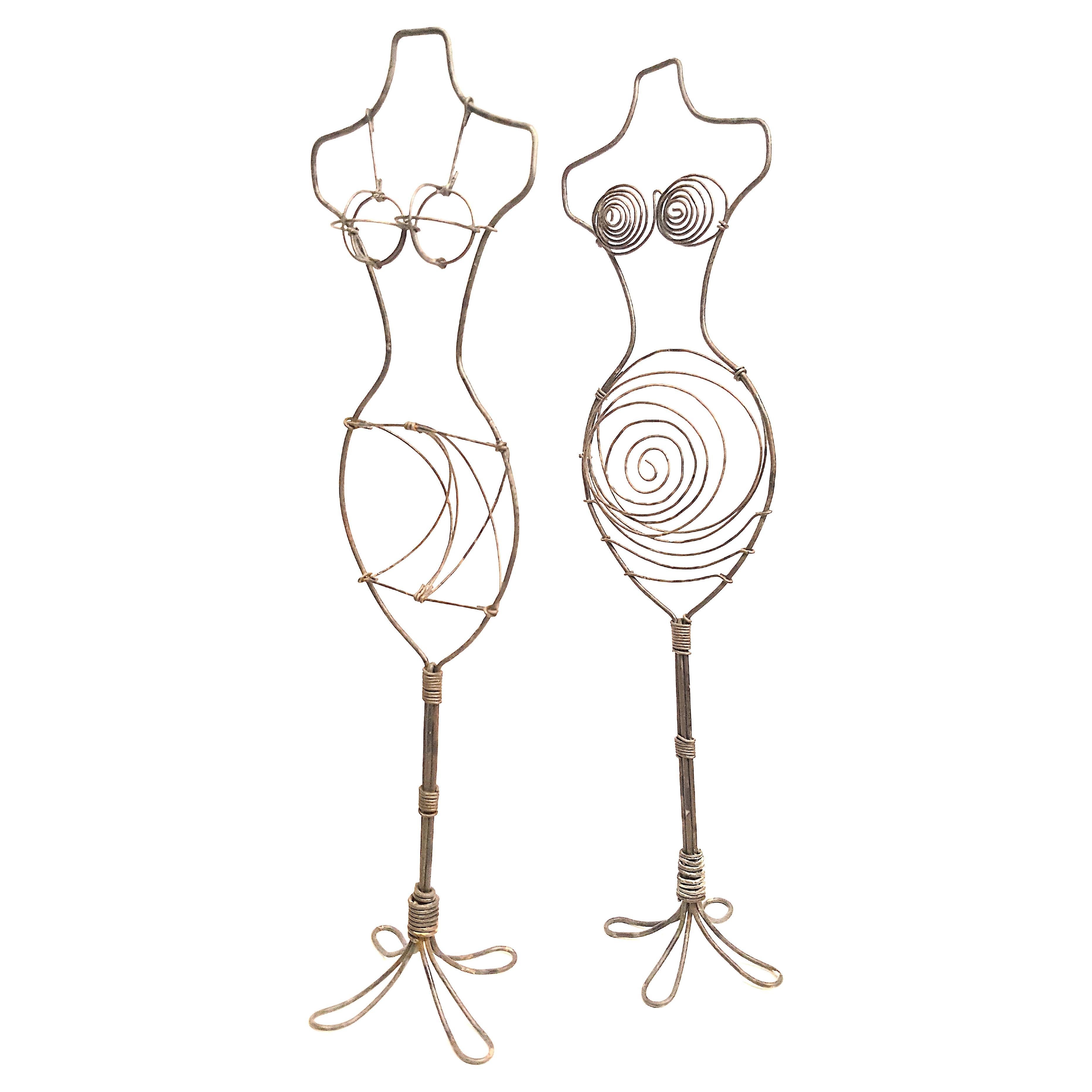 Antiguo 1920-40 Escultura Surrealista Conjunto Único Acero MartilladoAlambre Torsos Femeninos