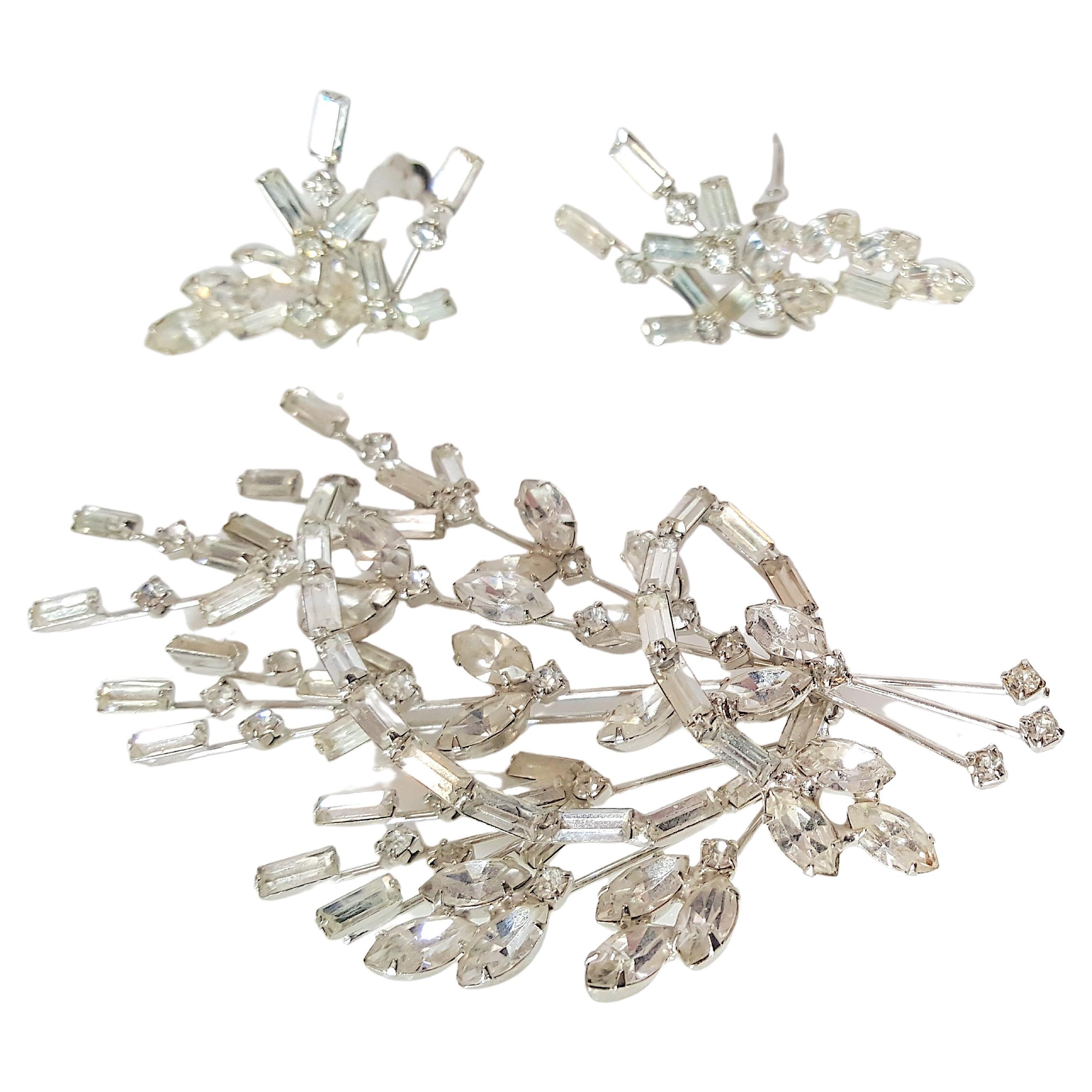HenrySchreiner EarlySet ProngSetCrystal Silver Spray Tiered Earrings & Brooch 