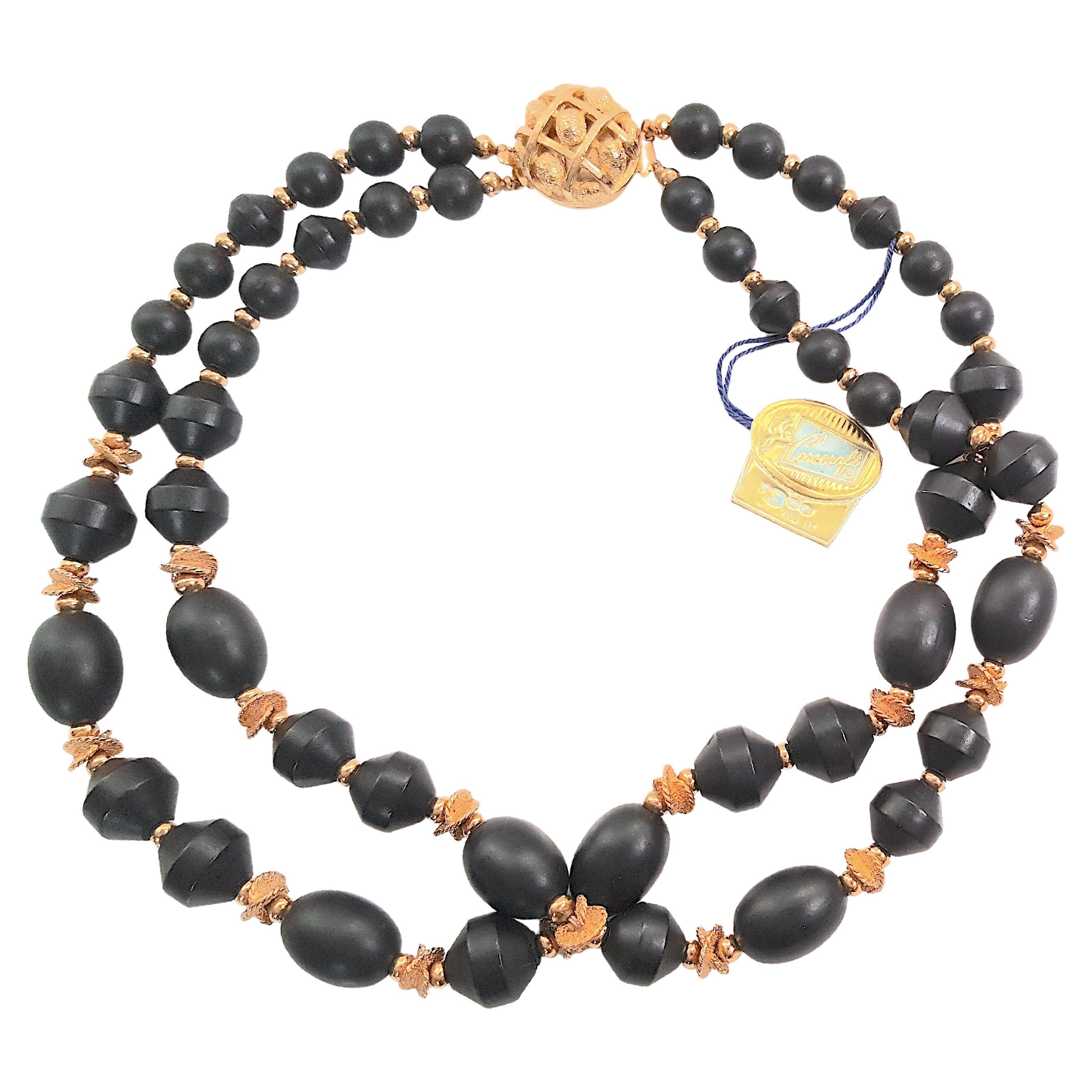 Collana a due fili "Hugs&Kisses" in bachelite del 1940 di Corocraft con perline dorate e nere