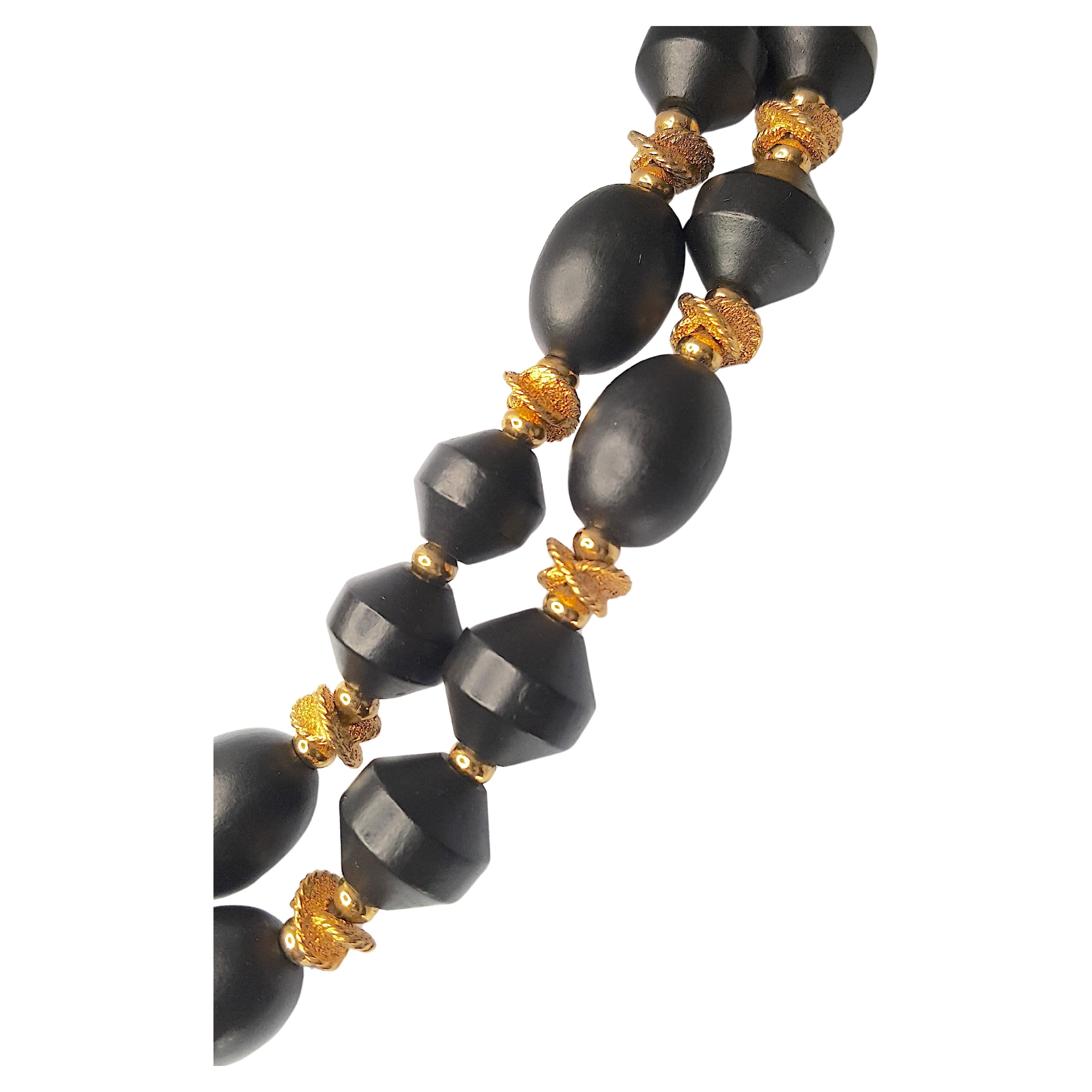 Bakelite 1940s CoroCraft GoldGilt & Black Beads "Hugs&Kisses" TwoStrand Necklace For Sale
