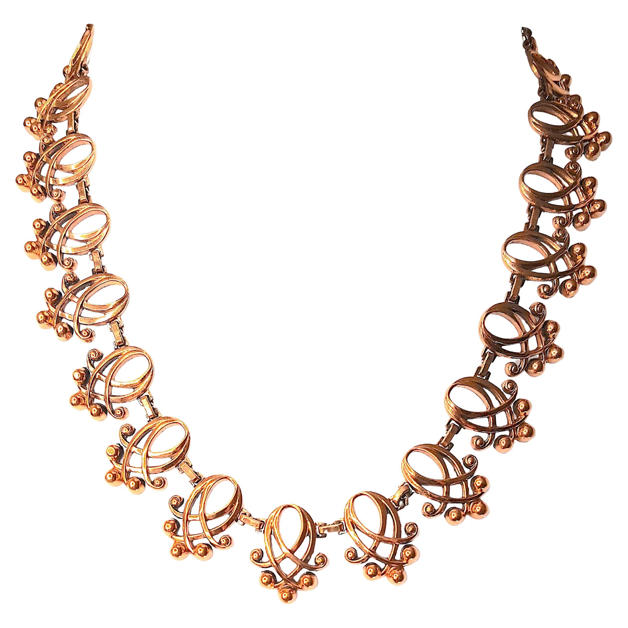 Renoir MidCentury ArtNouveau-Style Copper Openwork Curvilinear Link Necklace For Sale
