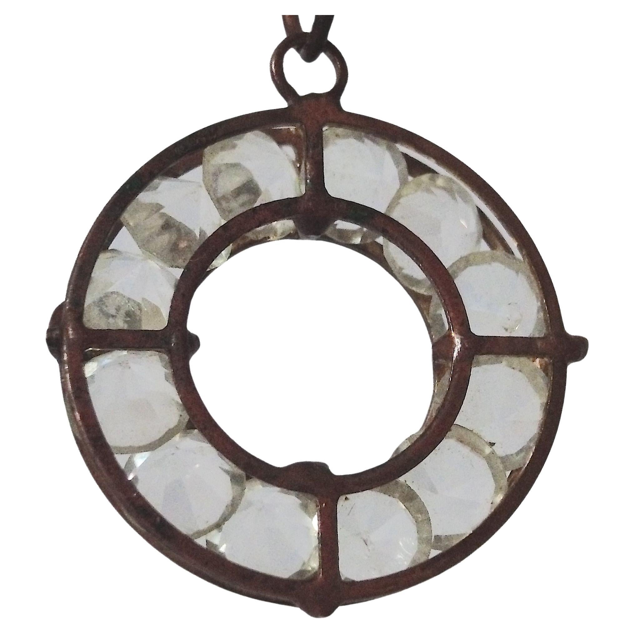 Antique Amuletic DozenRockCrystals Caged MedievalStyle FourRing Bronze Pendant For Sale 1