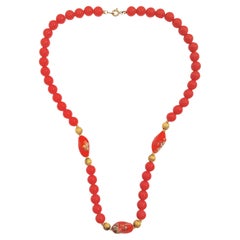 Antike viktorianische Muranoglas-Halskette MikroMillefiori GoldBalls mit roten Perlen, MikroMillefiori