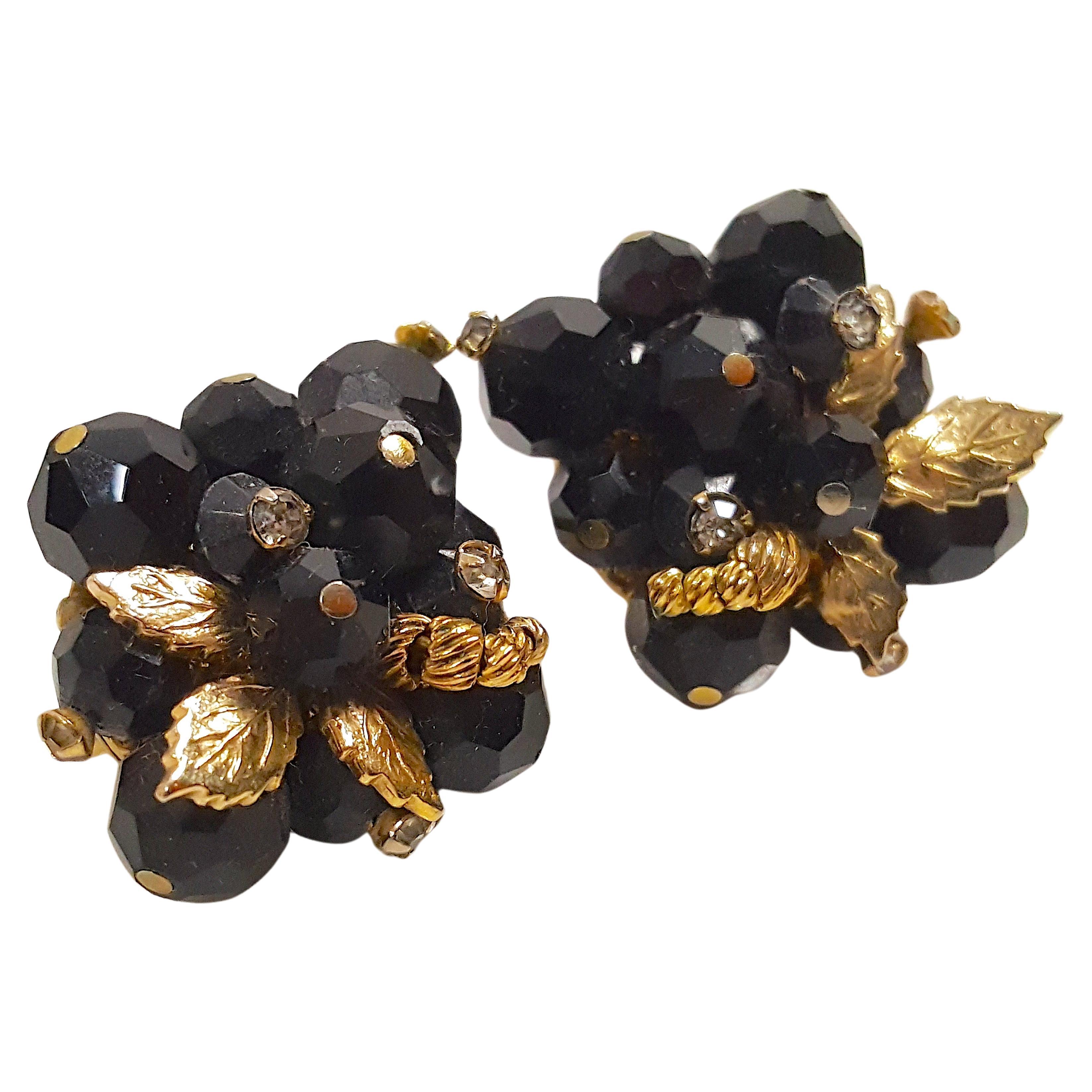 Vendome GiltLeavesBranch GoldFilagree Handwired BlackGlass Crystals ClipEarrings For Sale