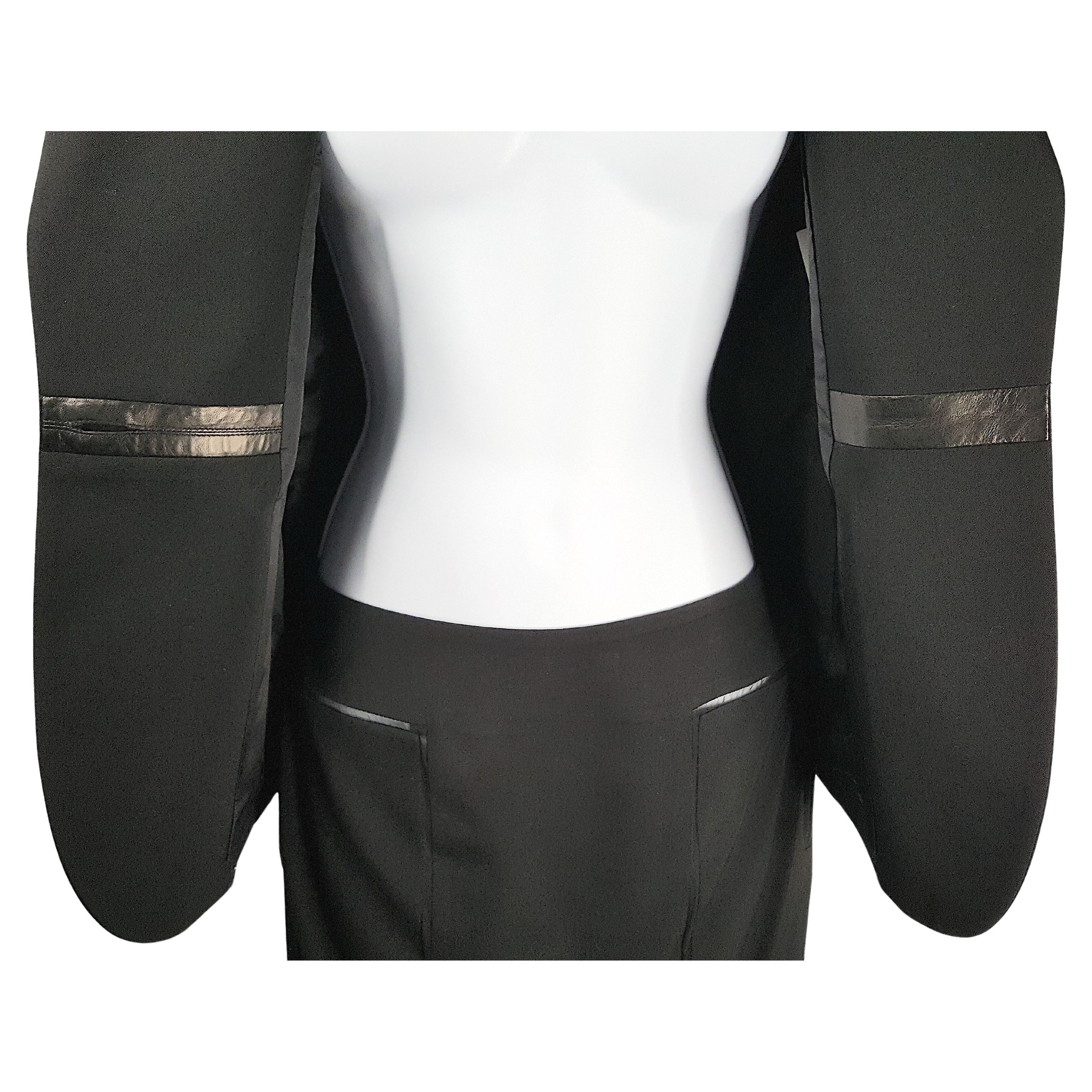 TomFord 2001 1stYSLCollection TuxedoStyle SheerSeams LeatherTrim Black SkirtSuit For Sale