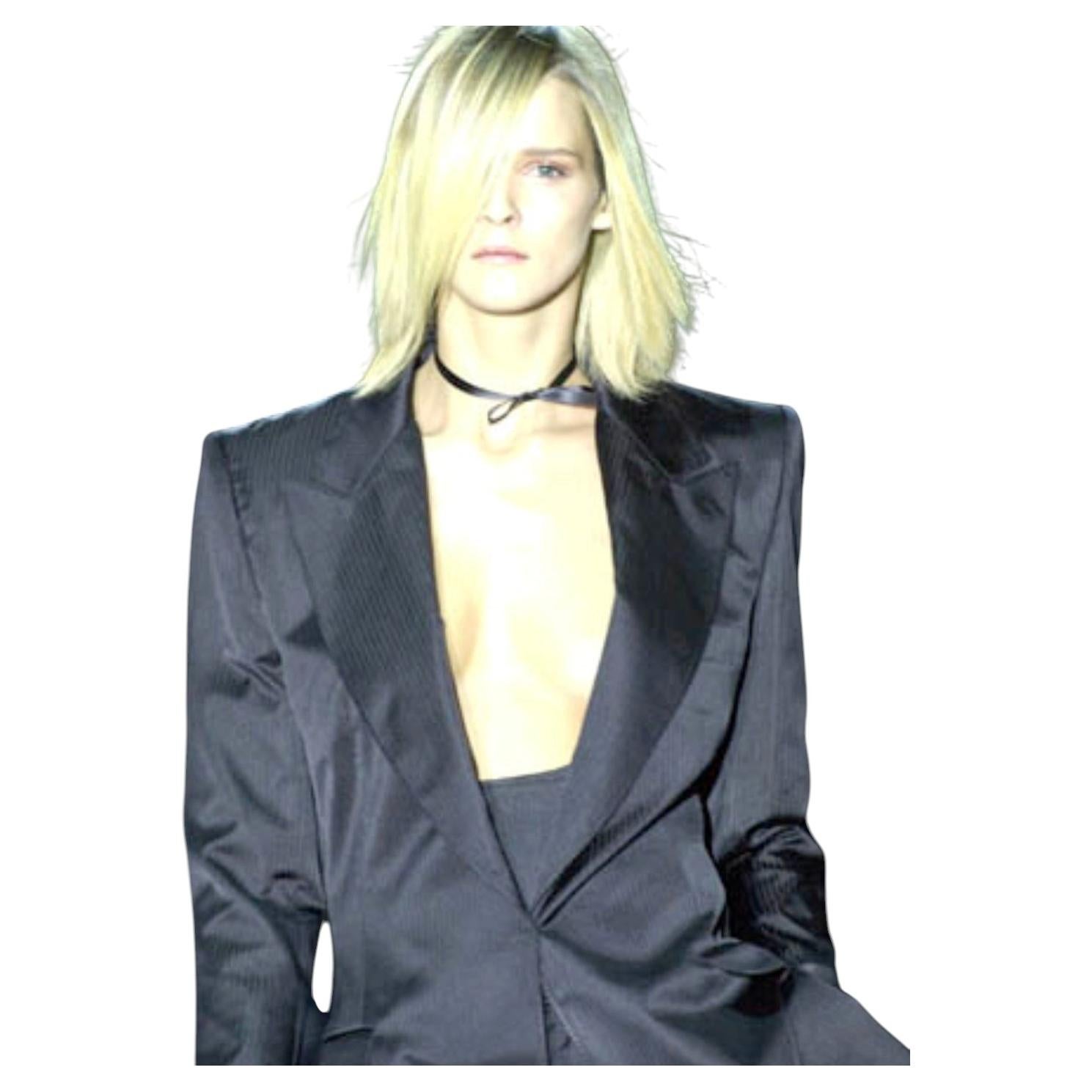 Tom Ford for YSL Tuxedo Style CutOut SheerSeams Leather Trim Skirt Suit SS 2001 For Sale