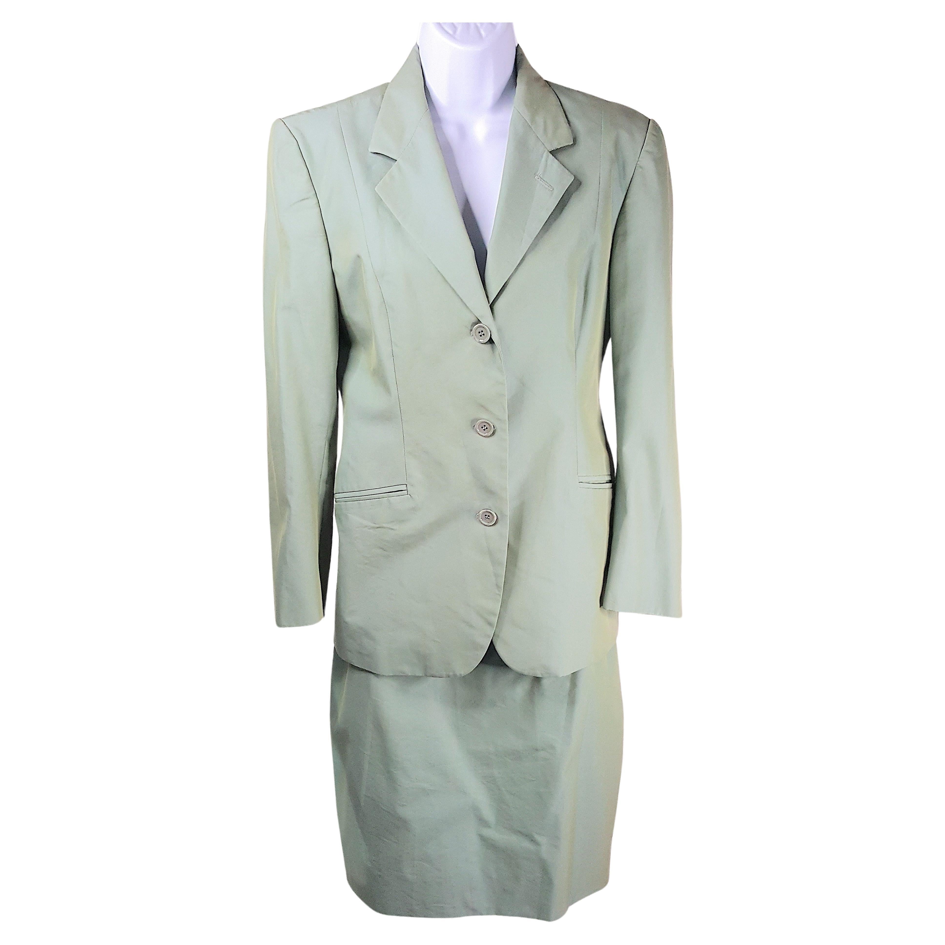 1991 RunwayLook1 KatharineHamnett IridescentGreen FeltedCollar Fitted Skirt Suit For Sale