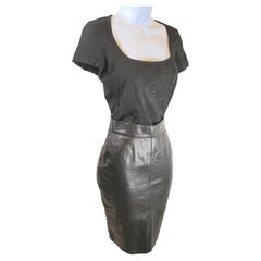 AlaiaParis 1990 Bodycon Black Set Leather Curvy Skirt & LogoPointelle Tshirt