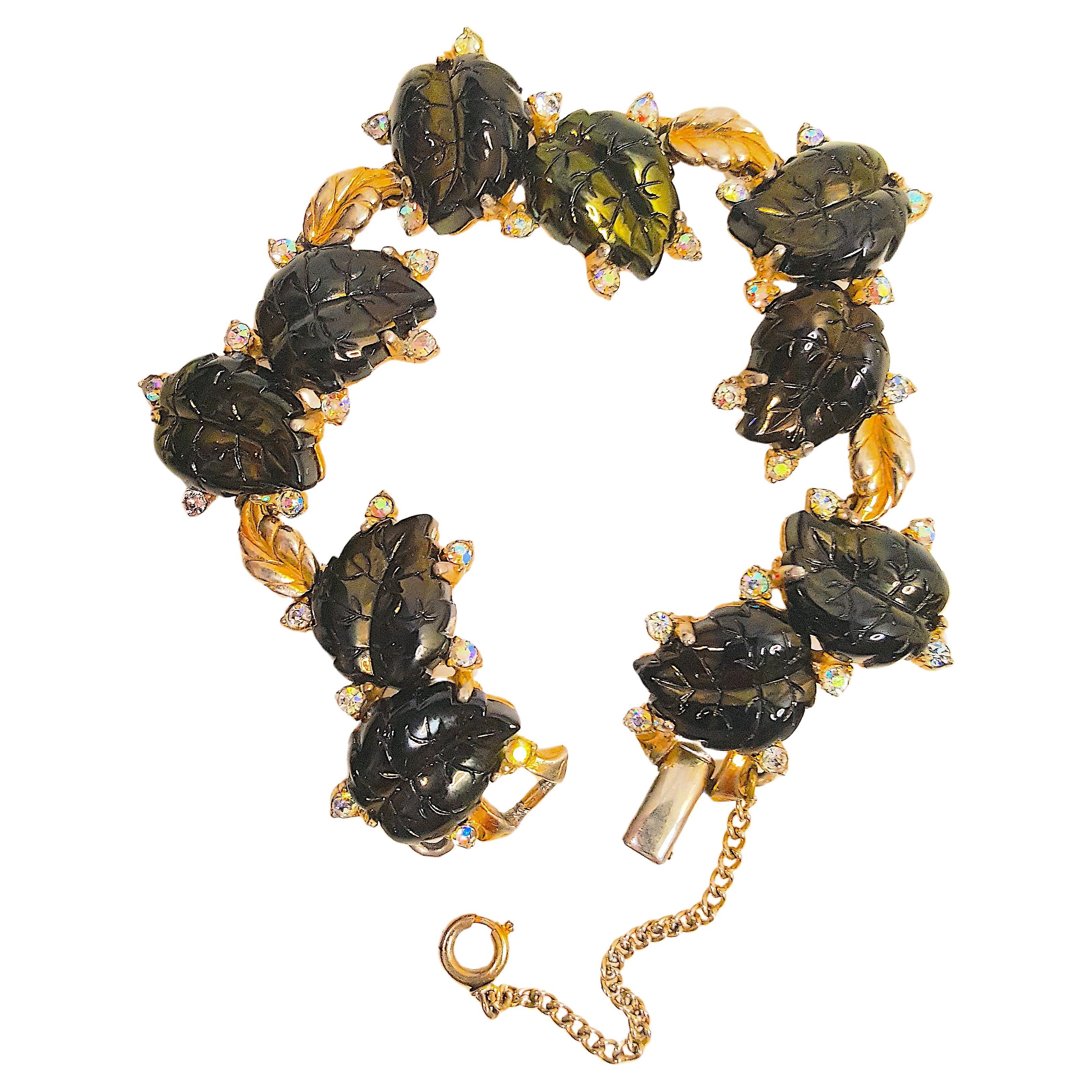 Schiaparelli Signed MidCentury Leaves Motif Austrian Crystals Gilt Link Bracelet For Sale
