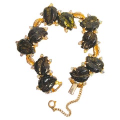 Schiaparelli Signed MidCentury Leaves Motif Austrian Crystals Gilt Link Bracelet