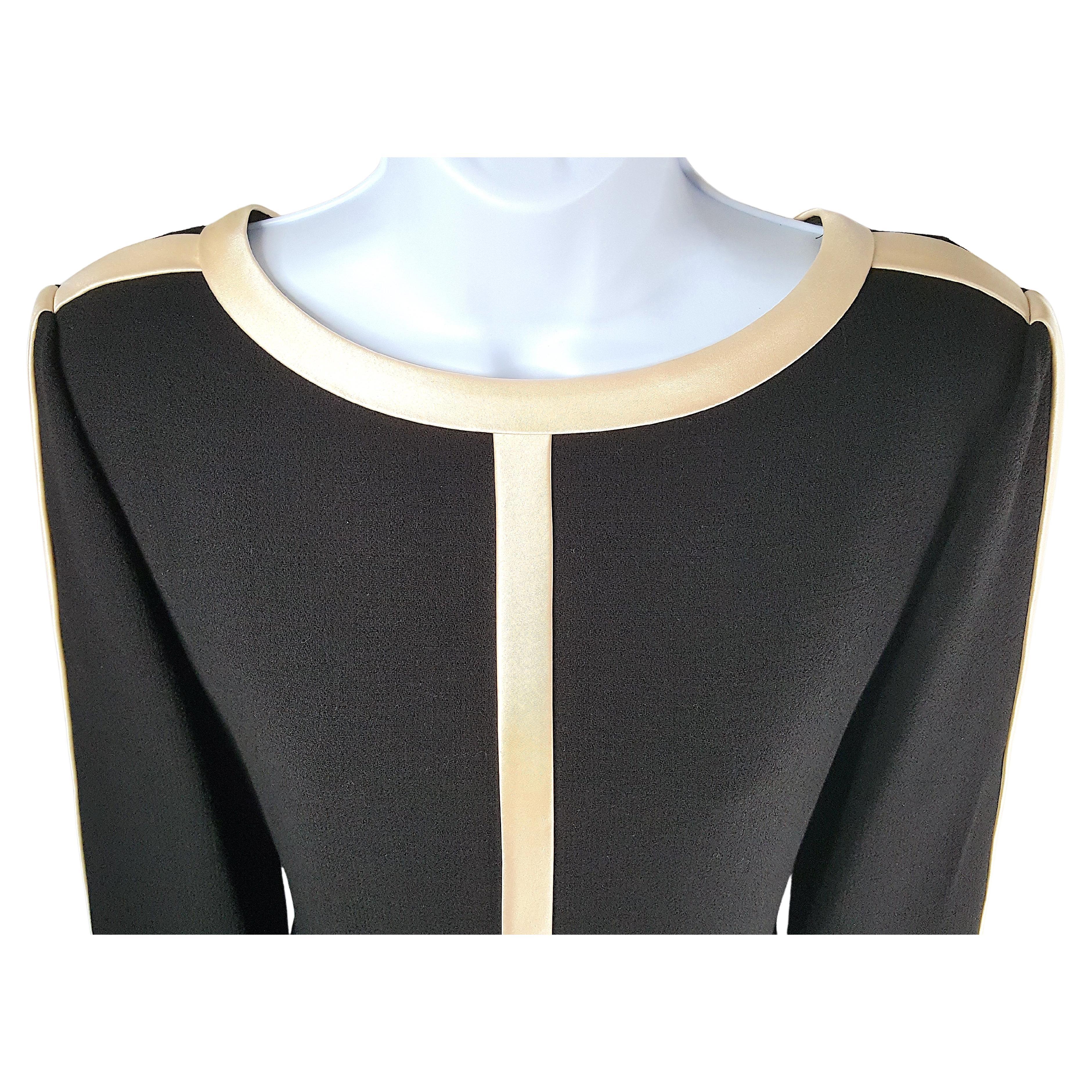 BillBlass 1970s TuxedoLike EcruSatinTrim BoldShoulder BlackWoolCrepe ShiftDress For Sale