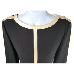 BillBlass 1970s TuxedoLike EcruSatinTrim BoldShoulder BlackWoolCrepe ShiftDress