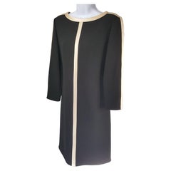 BillBlass 1970s TuxedoLike EcruSatinTrim BoldShoulder BlackWoolCrepe ShiftDress