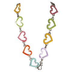 Enameled Silver Heart Pendants Adjustable Chain Belt Necklace Late20thC
