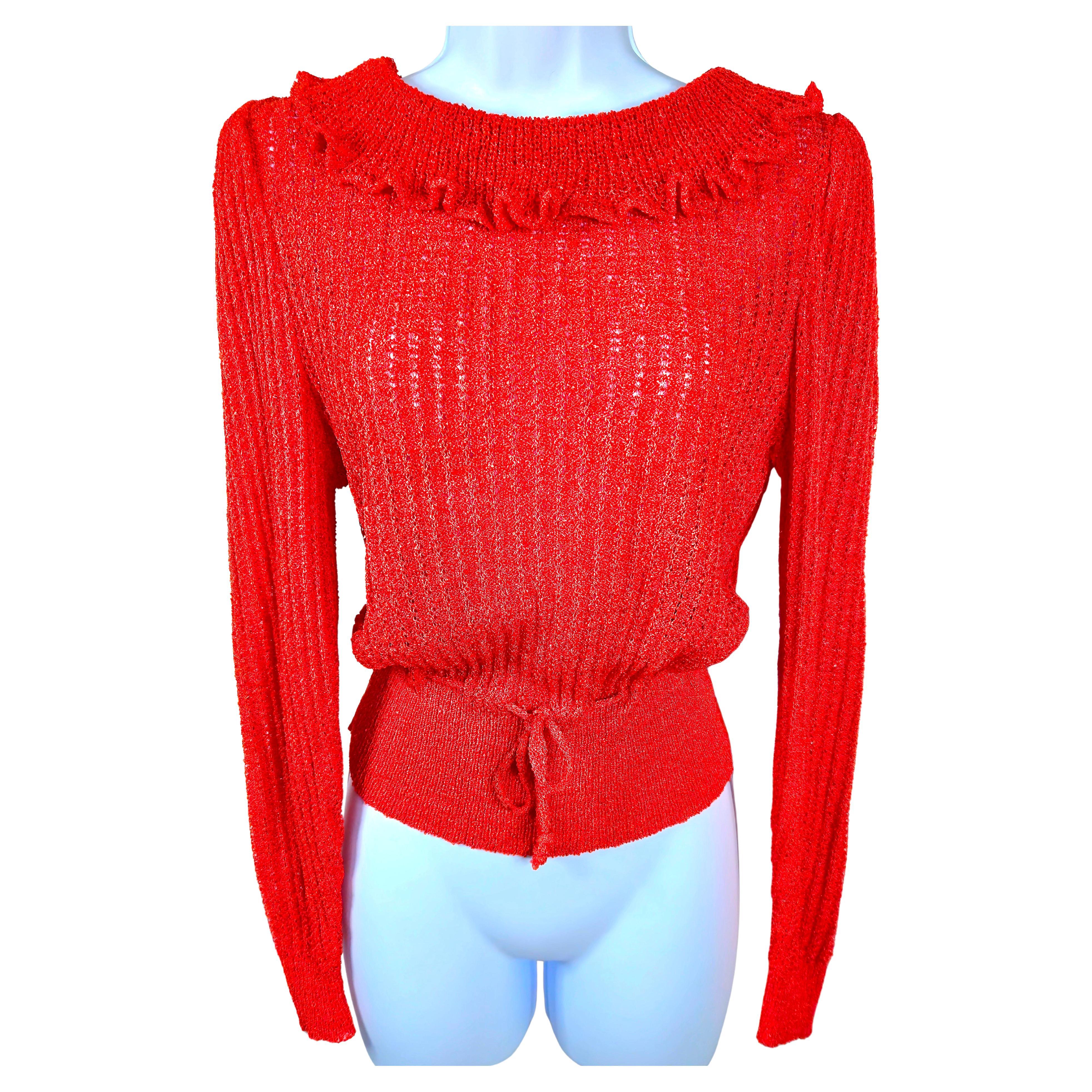 OscarDeLaRenta 1970s RuffleNeck PointelleKnit DrawstringWaist LongSleeve Sweater