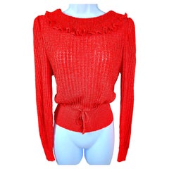 OscarDeLaRenta 1970s RuffleNeck PointelleKnit DrawstringWaist LongSleeve Sweater