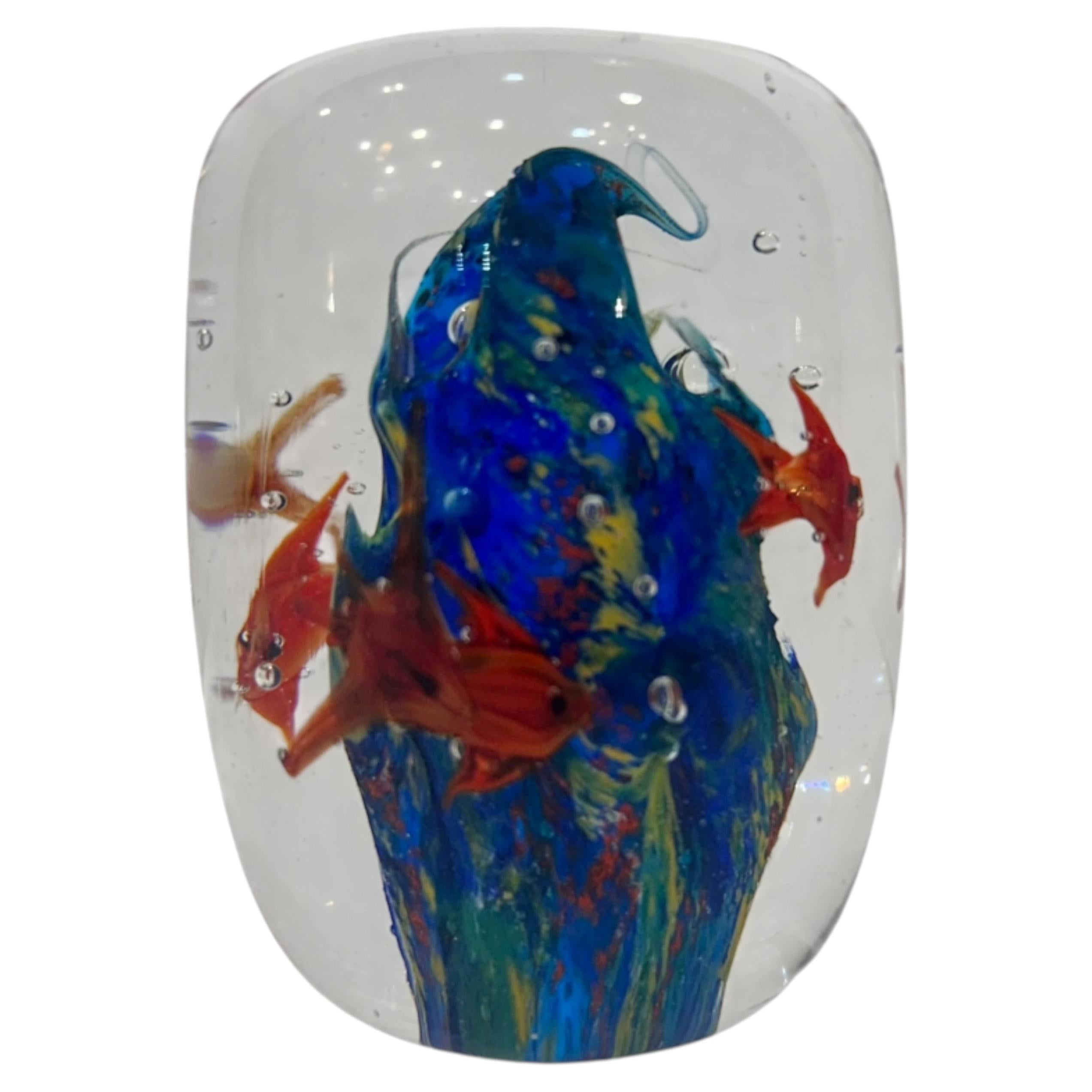 Murano Paperweight Sculpture, Italy, Red Fish on a Blue Background For Sale