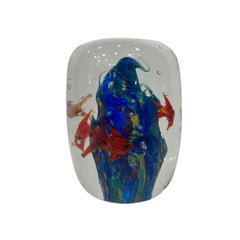 Murano Paperweight Sculpture, Italy, Red Fish on a Blue Background