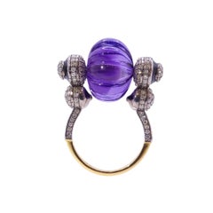 Art Nouveau Ring featuring large gadrooned amethyst, diamonds, 14k gold, enamel