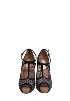 Valentino Black Crystal Embellished Mesh Peep Toe T-Strap Heels - EU 39