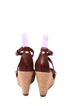 Burberry Check Canvas & Brown Leather Espadrille Wedge Sandals - EU 38