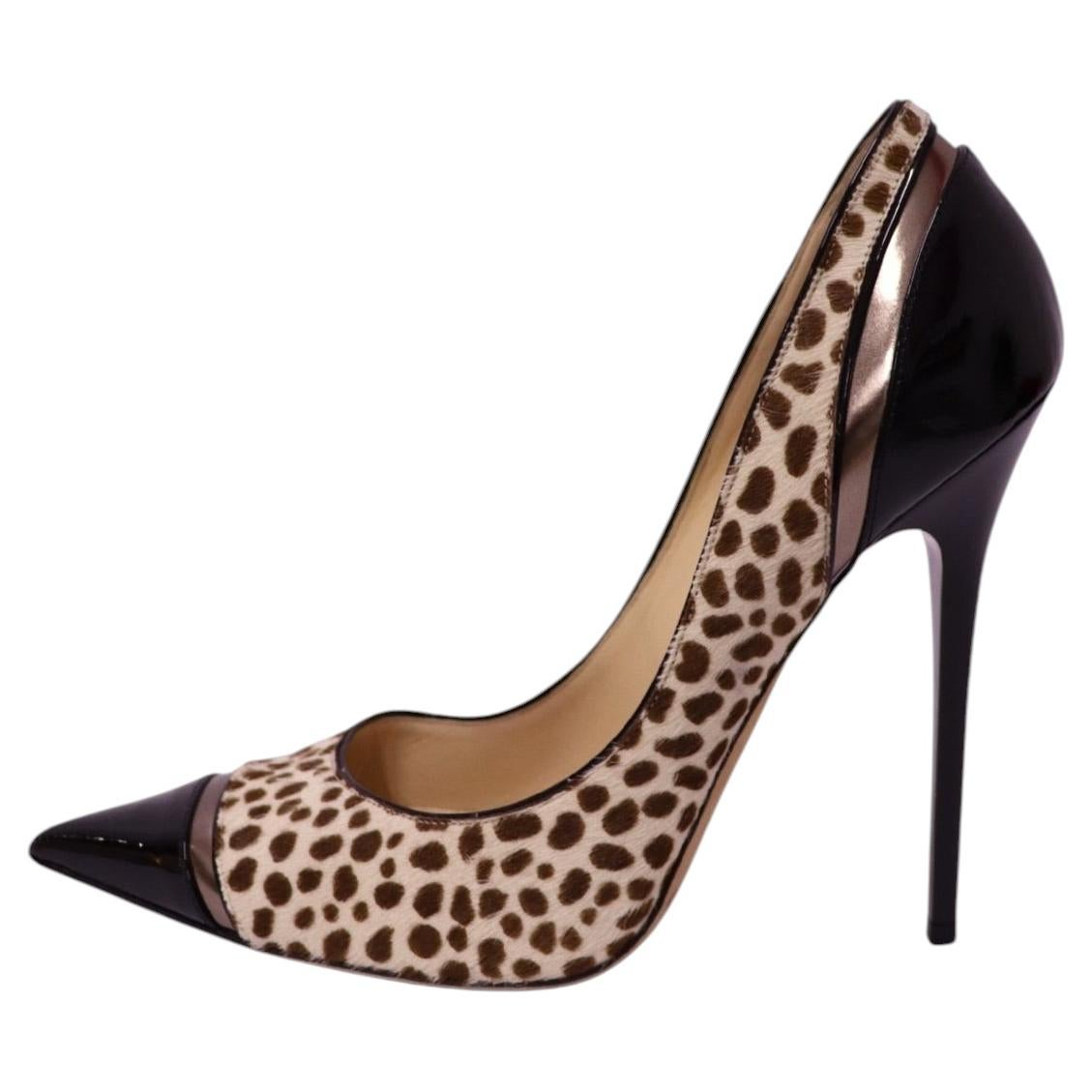 Jimmy Choo Black Patent Leather & Leopard Calf Hair Pointed Toe Pumps - EU 38 in vendita
