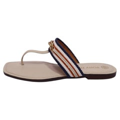 Tory Burch Orange & Blue Striped Chain Embellished Flat Thong Sandals - EU 38