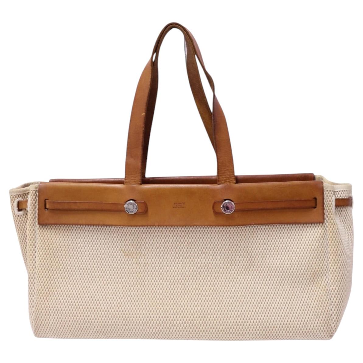 Hermès Herbag Cabas – Beigefarbene Canvas- und Naturleder-Tragetasche im Angebot