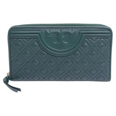 Tory Burch Fleming Forest Green Quilted Leather Zip Around Wallet