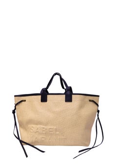 Isabel Marant Beige Woven Logo Tote Bag with Black Leather Trim