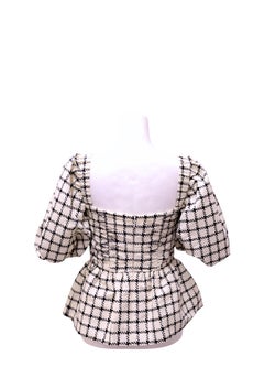 Self-Portrait Cream Check Smocked Peplum Puff Sleeve Top - US 4 / EU 36