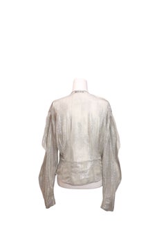 IRO Silver Metallic Plissé V-Neck Long Sleeve Blouse - EU 38
