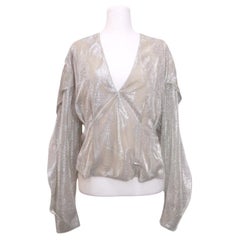 IRO Silver Metallic Plissé V-Neck Long Sleeve Blouse - EU 38