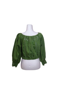 Alice + Olivia Green Embroidered Off-Shoulder Cotton Blouse - S