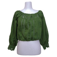 Alice + Olivia Green Embroidered Off-Shoulder Cotton Blouse - S