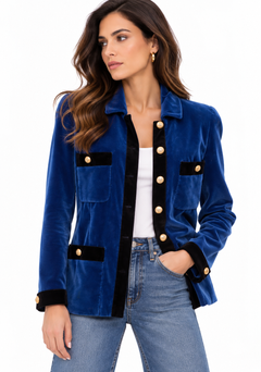 Chanel Blue & Black Velvet Gold Button Jacket - Autumn 1990 - EU 38