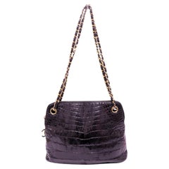 Chanel Vintage-Umhängetasche aus schwarzem Krokodilleder mit Kette – 1986