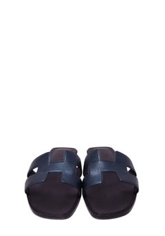 Hermès Metallic Blue Leather Oran Flat Slide Sandals - EU 39