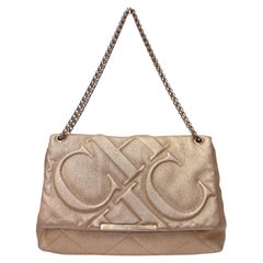 Carolina Herrera Metallic Gold Embossed Logo Quilted Chain Shoulder Bag