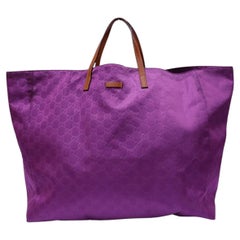 Gucci Purple GG Monogram Nylon Large Tote Bag with Brown Leather Handles
