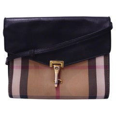 Burberry Vintage Check Canvas & Black Leather Crossbody Satchel Bag