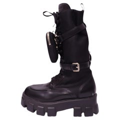 Prada Black Leather Monolith Platform Combat Boots with Detachable Nylon Pouch