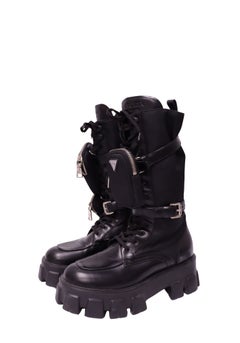 Prada Black Leather Monolith Platform Combat Boots with Detachable Nylon Pouch