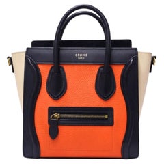 Céline Luggage Nano Orange, Navy Blue & Cream Leather Tote Bag