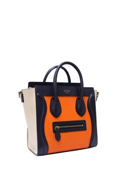 Céline Luggage Nano Orange, Navy Blue & Cream Leather Tote Bag