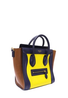 Céline Nano Luggage Tricolor Yellow, Navy Blue & Brown Leather Tote Bag