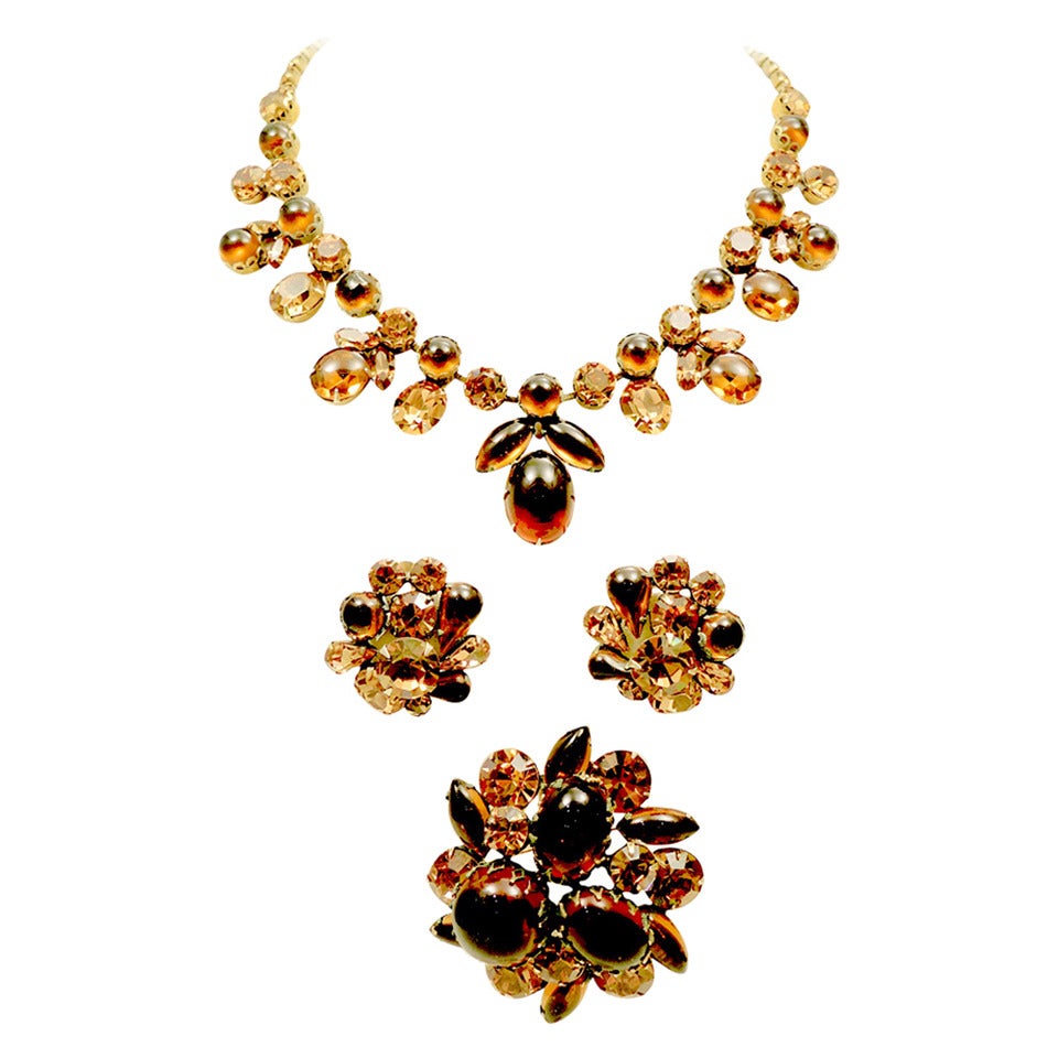 Vintage Unsigned Schreiner Topaz Rhinestone Necklace, Earrings & Pin