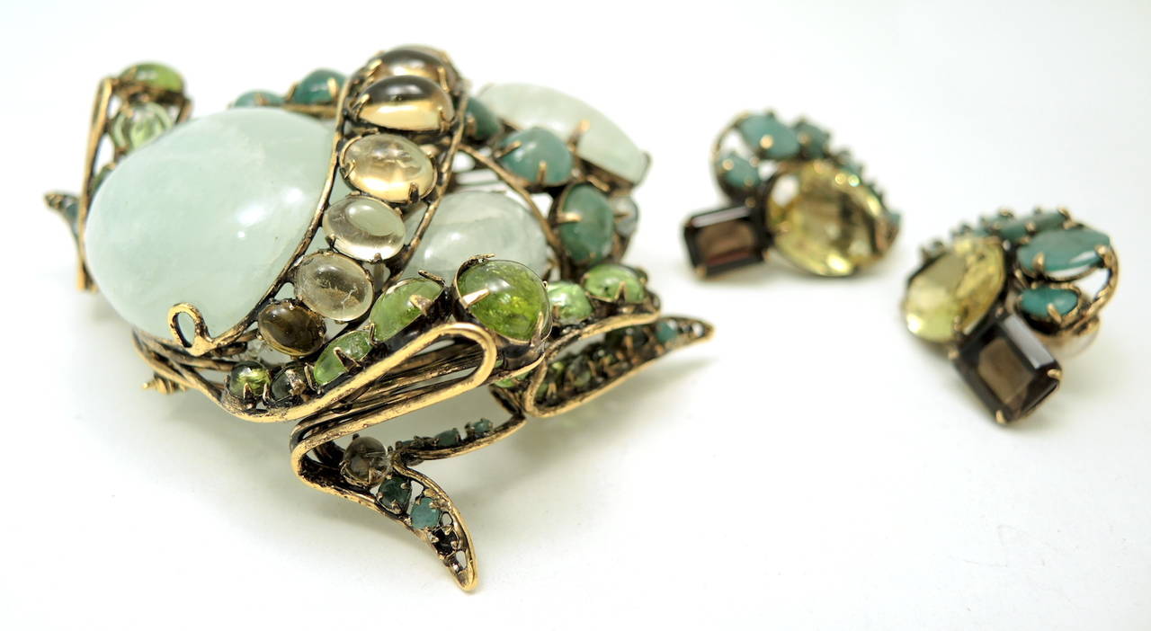 Women's Vintage 1980’s  Iradj Moini Genuine Stone Frog Pin & Earrings For Sale