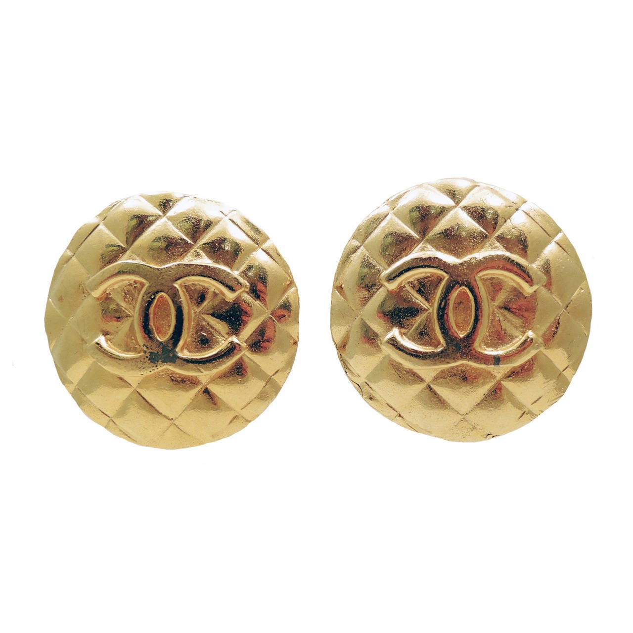Vintage Signed Chanel CC Quilted Logo Earrings For Sale