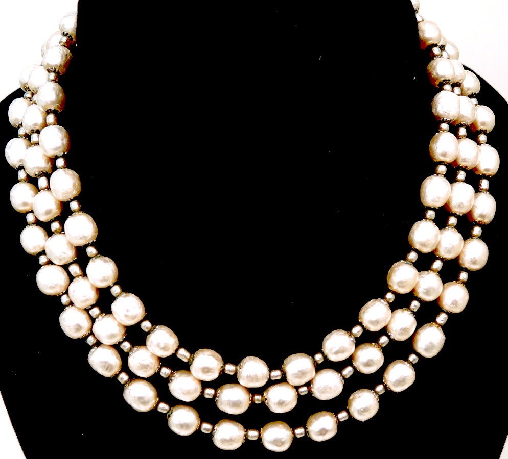 Vintage Signed Miriam Haskell 3-Strand Faux Pearl Necklace In Excellent Condition In New York, NY